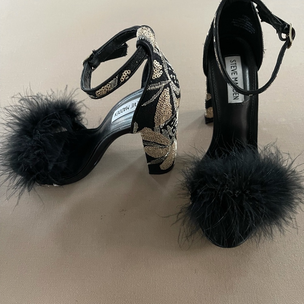 Black, Gold and Fur Sequins detailed Heels